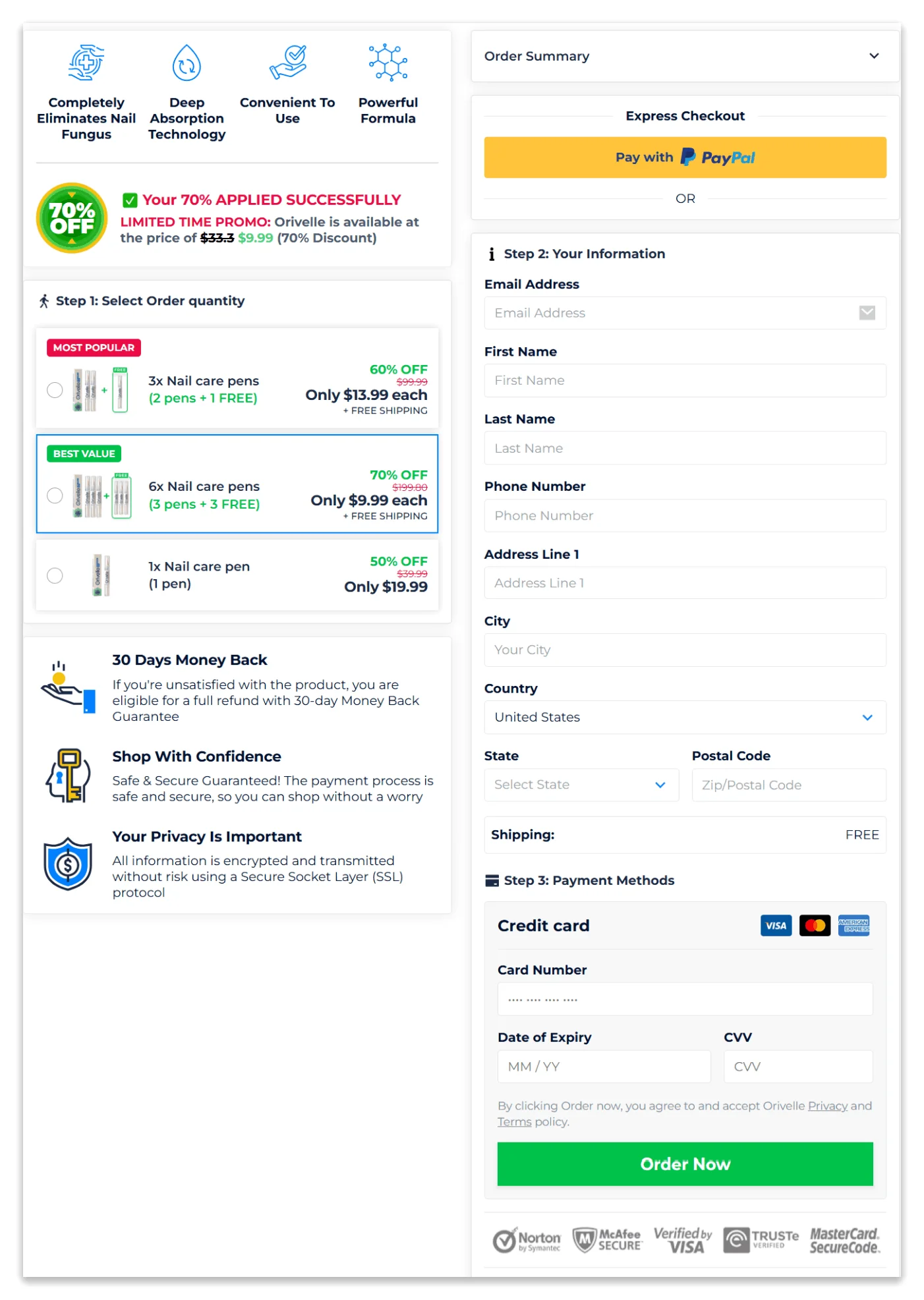 Orivelle Secure Checkout Page